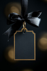 Luxury black and gold price tag with satin ribbon on textured dark background, elegant label for Black Friday sales or holiday promotions, with copy space for custom text