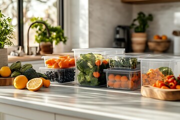 Kitchen countertop full of food storage containers organizing fresh produce