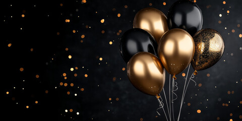 Black and gold balloons with confetti on a dark background, festive atmosphere for Black Friday or celebration, party decor with sparkling golden accents and copy space for text