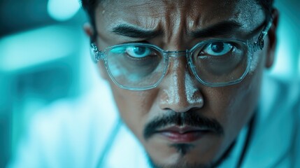 An intense gaze from a bespectacled man emerging from shadows, with a high level of detail and highlights, exuding a mix of mystery and intellect.