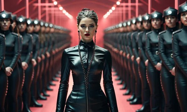 A female dominatrix, wearing a black leather jumpsuit, is in the centre of the room. Clone women line up around her on both sides.