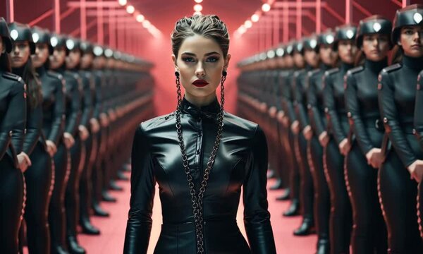 A female dominatrix, wearing a black leather jumpsuit, is in the centre of the room. Clone women line up around her on both sides.