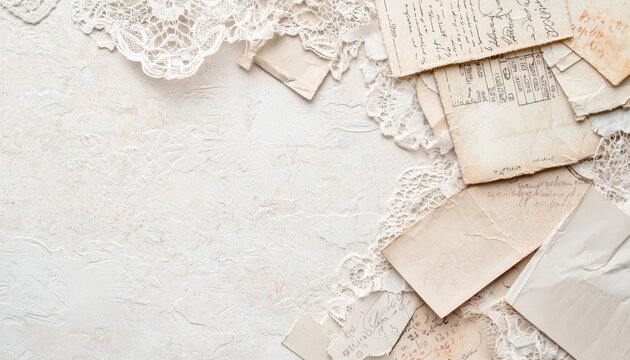 A mix of vintage French ephemera like old receipts and tickets, layered with damask patterns and delicate lace textures, evoking a sense of nostalgia