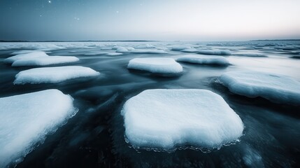 Fantastic image depicting floating ice sheets on tranquil water under twilight, exuding a peaceful wintery atmosphere, highlighting nature's icy beauty.