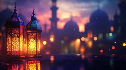Fototapeta premium Luminous lanterns with a background of buildings and Islamic rituals for celebration of islamic Eid Al Adha , Eid al-Fitr and eid mubarak, ramadan