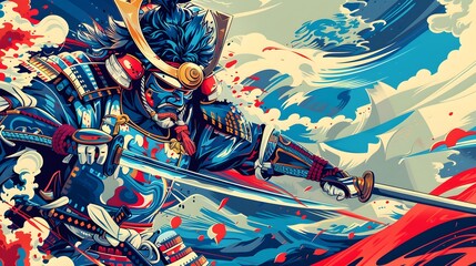 A samurai with a menacing white mask, wielding a katana, stands under a blue-toned backdrop with red splatters, creating a dramatic and intense scene