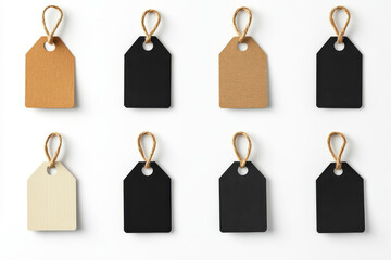 Set of black, brown, and beige price tags with twine on white background, minimalistic design for Black Friday sales, product labeling, or holiday promotions with copy space