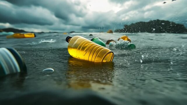 plastic bottles with microplastics floating in the open ocean
