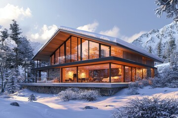 Fototapeta premium Modern ski chalet with panoramic glass windows and warm interior lighting in a snowy mountain landscape, Ai Generation