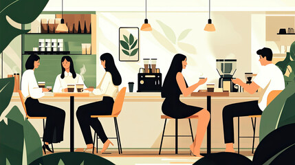 A cozy café with patrons enjoying conversations and coffee, surrounded by lush indoor greenery, creating an inviting and tranquil atmosphere.