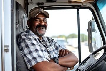 Obraz premium A smiling truck driver sits in the driver's seat of his truck, looking directly at the camera.