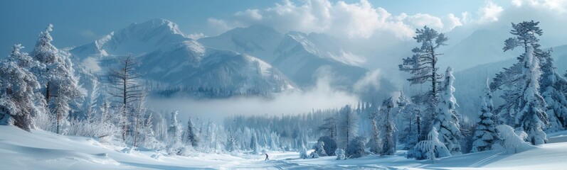 Obraz premium Snowy trees line a path through a snowy mountain range, nature background, banner, copy space