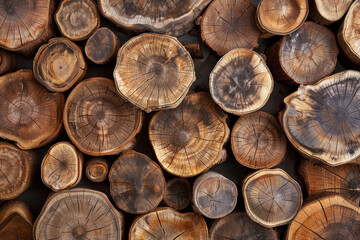 A large pile of wood logs, with some of them being cut in half