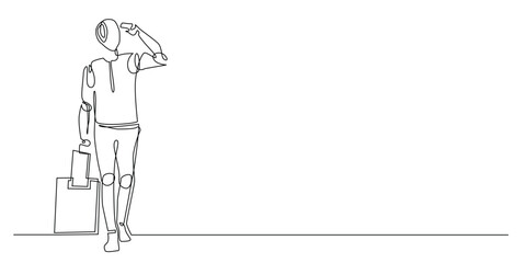 continuous line of robot traveling with suitcase bag.one line drawing of robot enjoying vacation.single line vector illustration.isolated white background