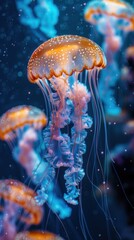 Fototapeta premium Jellyfishs floating in the water with bubbles of water, travel concept, vertical background