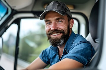 A smiling truck driver sits in the driver's seat of his truck, looking directly at the camera.