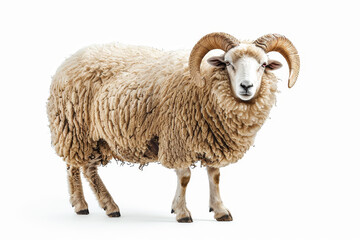 Fototapeta premium A ram with horns stands in front of a white background