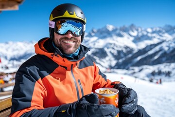 A skier taking a break at a mountain lodge, feeling refuelled after a warm drink and snack