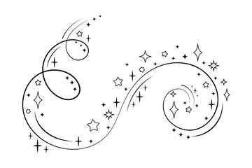 Wind lines, magic spell.Magic wand. Swirling movement of fairy dust. Stars, sparks, fairy sorcery. The symbol of a miracle