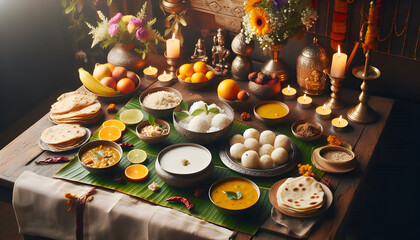 Indian offerings of riceballs, kheer, dal, and chapati prepared for Pitru Paksha.