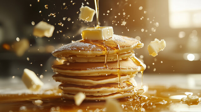 A cascade of golden-brown pancakes flipping through the air, with butter and syrup dramatically 