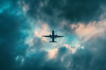 Naklejka premium A large jet is flying through a cloudy sky