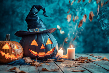 Two Jack-o'-lanterns with one donning a witch's hat, surrounded by autumn leaves and candles, creating a magical ambiance.