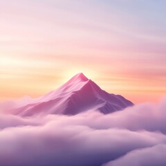 A majestic mountain peak emerging from soft clouds at sunrise, bathed in gentle pastel hues of pink and purple.