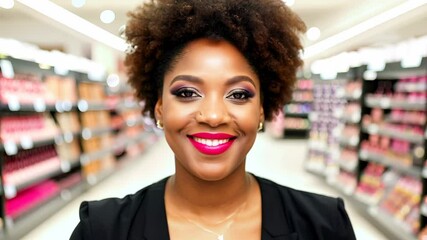 A vibrant sales assistant with short curly hair and bold lipstick standing in a brightly lit cosmetics store

.