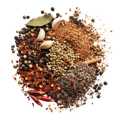 Mixed spices assortment with bay leaves and peppercorns on a transparent background