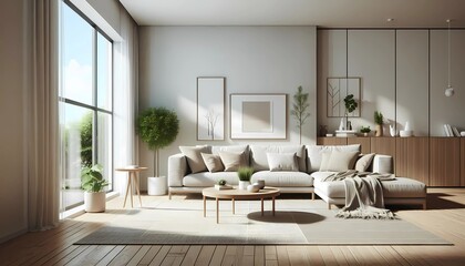 Fototapeta premium Cozy Modern Living Space with Neutral Tones and Potted Plants