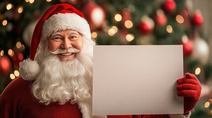 Naklejka premium Santa Claus cheerfully holding a blank sign with a festive Christmas background