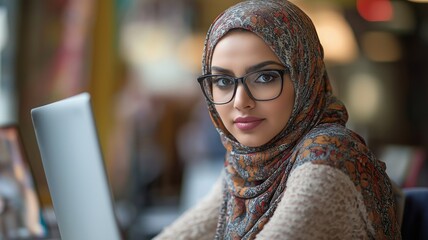 A Muslim businesswoman in a headscarf works assiduously and confidently at her computer.