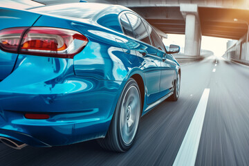Fototapeta premium A blue car is driving down a highway