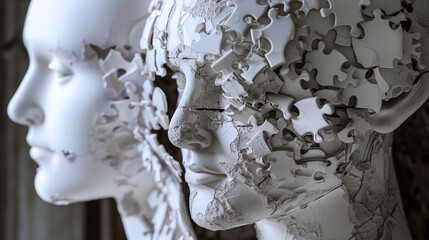 Close-up of abstract human face made of puzzle pieces, symbolizing complexity, identity, and healing.