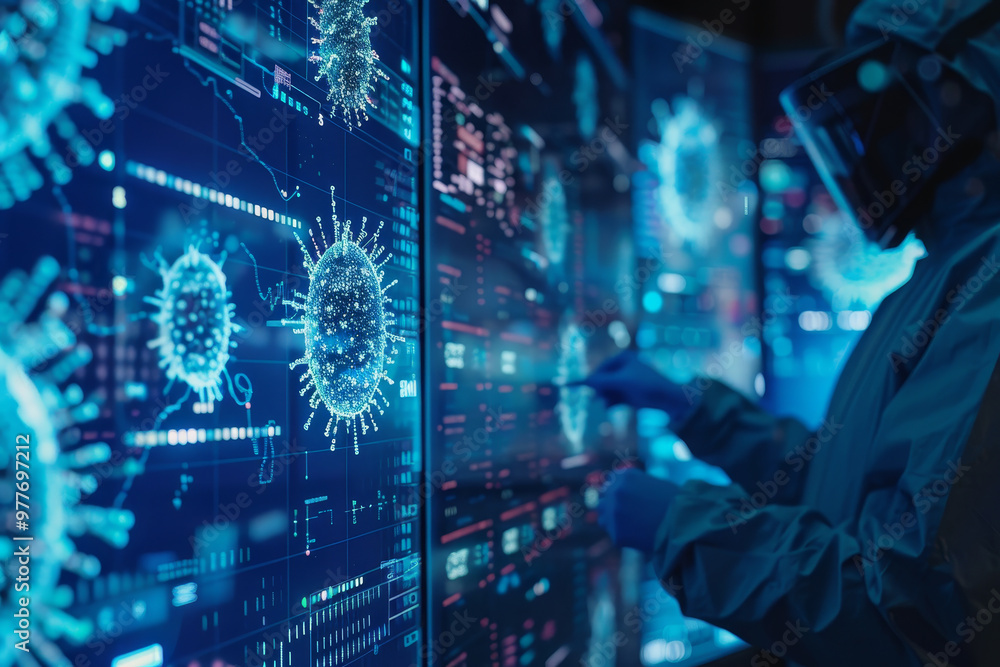 Poster a man in a lab coat is looking at a computer screen with a virus on it