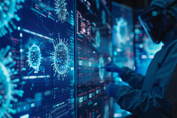 A man in a lab coat is looking at a computer screen with a virus on it