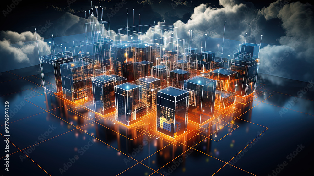 Poster concept of a digital city with cloud connections. futuristic network in the clouds