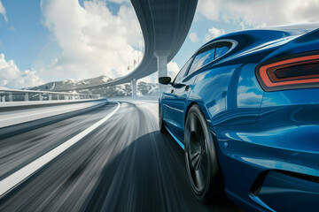 A blue car is driving down a highway with a mountain in the background