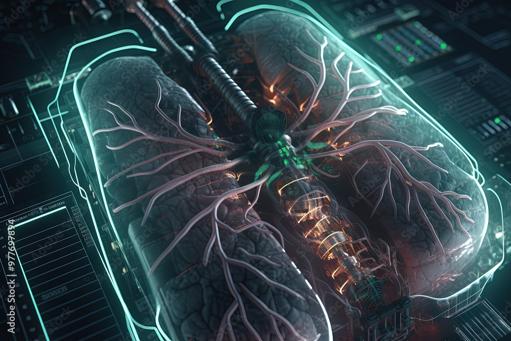 Poster Artificial implant science concept with technological AI lungs on the circuit board.