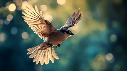 Small bird flying with wings spread in flight with blurred background