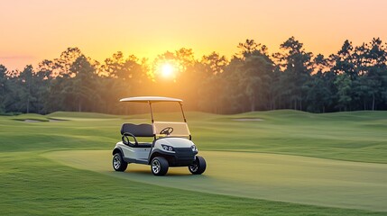 Fototapeta premium Silhouette of a golf cart moving across a lush course at sunset, with the sun setting behind distant trees, golf cart silhouette, evening backdrop