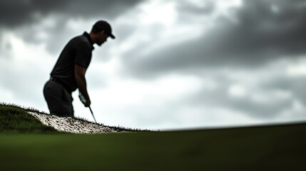 Silhouette of a golfer in a bunker, about to make a shot, with a dramatic cloudfilled sky above, challenging course, silhouette composition