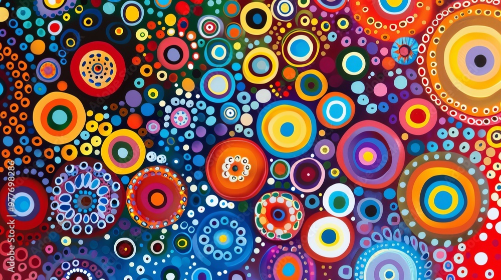 Poster colorful abstract circles create a vibrant visual display in an artistic composition filled with pat