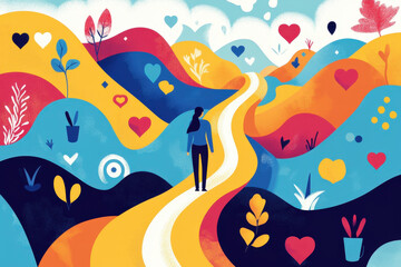 Woman is walking on a path through a vibrant and abstract landscape, symbolizing the journey of self-discovery and mental well-being