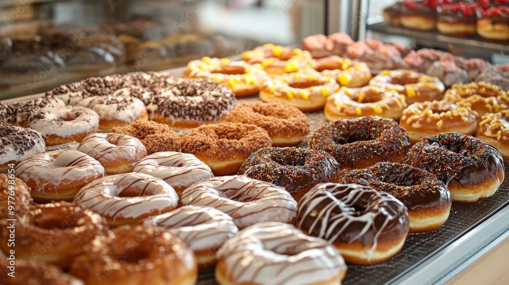 Poster a high-quality photo of a donut shop display case, showcasing a variety of freshly made donuts with 