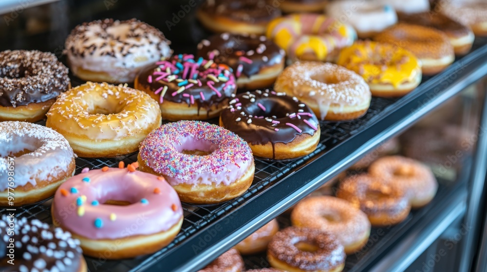 Poster a high-quality photo of a donut shop display case, showcasing a variety of freshly made donuts with 