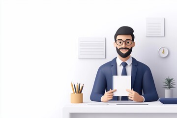A professional man with glasses smiles while holding a blank paper in a modern office setting, exuding confidence and friendliness.