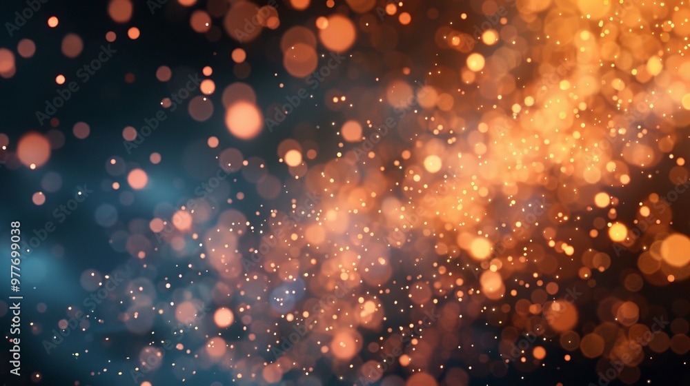 Poster vibrant orange and blue particles swirling together in a dynamic display against a dark background, 