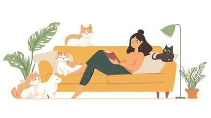 Naklejka na ściany i meble Female cartoon owner sitting on couch with cats and dog at home. Adorable scene in cozy living room with happy woman relaxing on sofa with domestic animals flat vector illustration. Pets, love concept